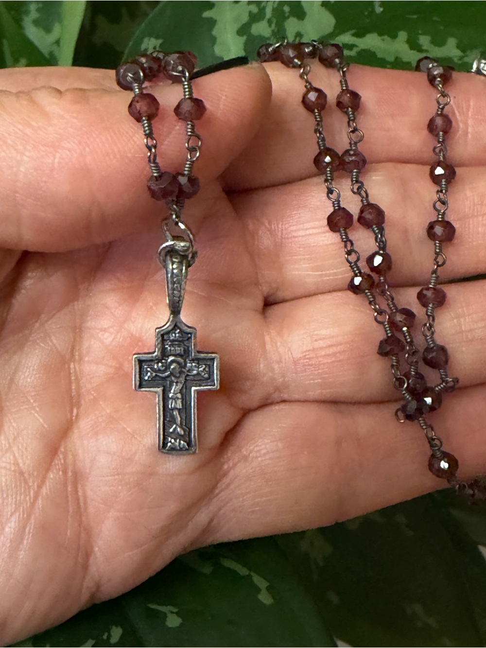 Vintage Sterling Silver Cross Garnet Necklace